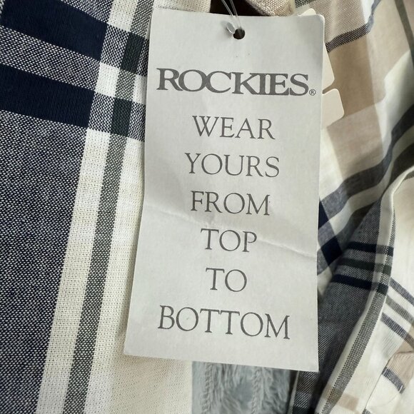 Rockies Shirt Womens M Western Plaid Tan‎ Navy Button Up Long Sleeve Cowgirl NWT - Picture 8 of 8